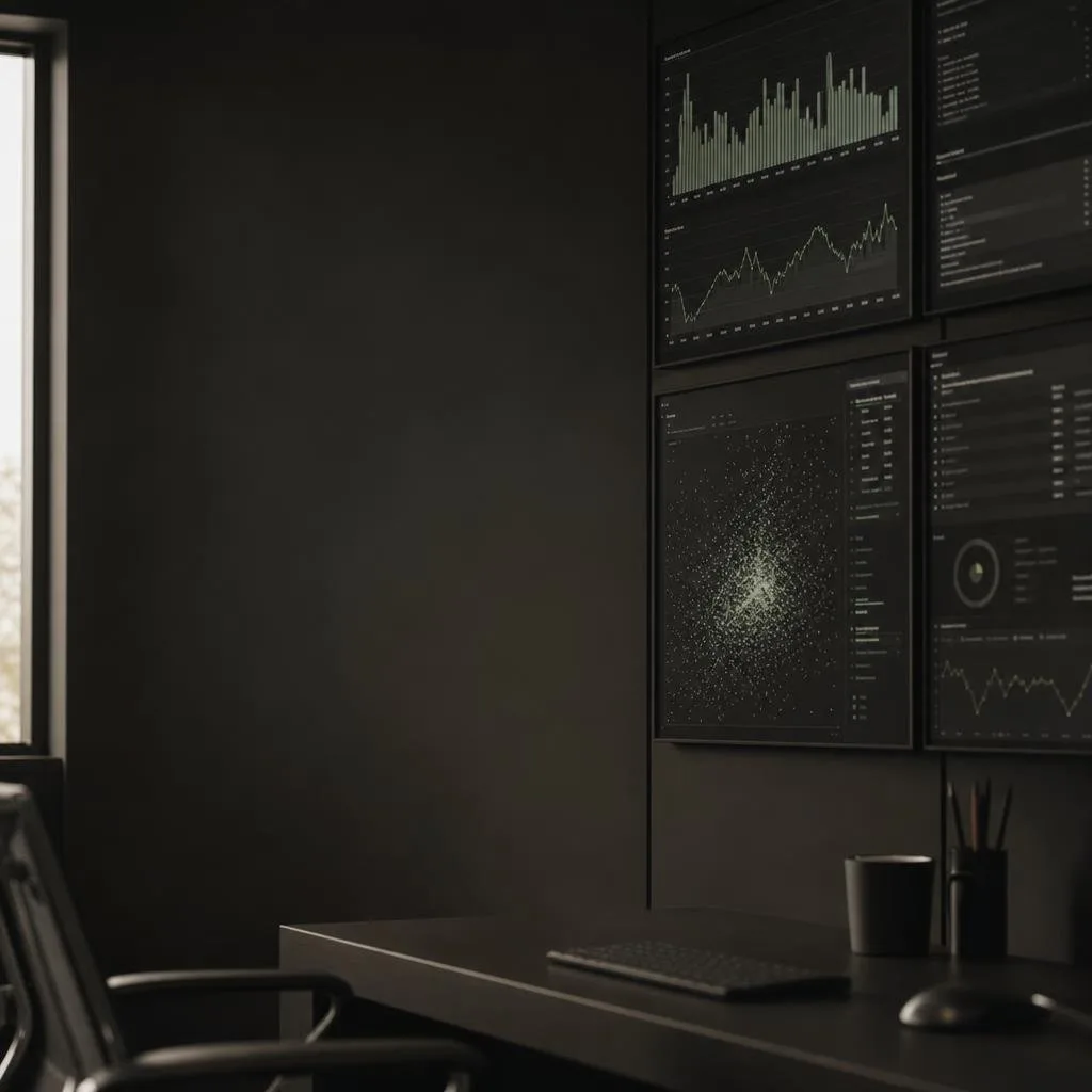 Wall-mounted monitors showing charts and metrics in a dark room
