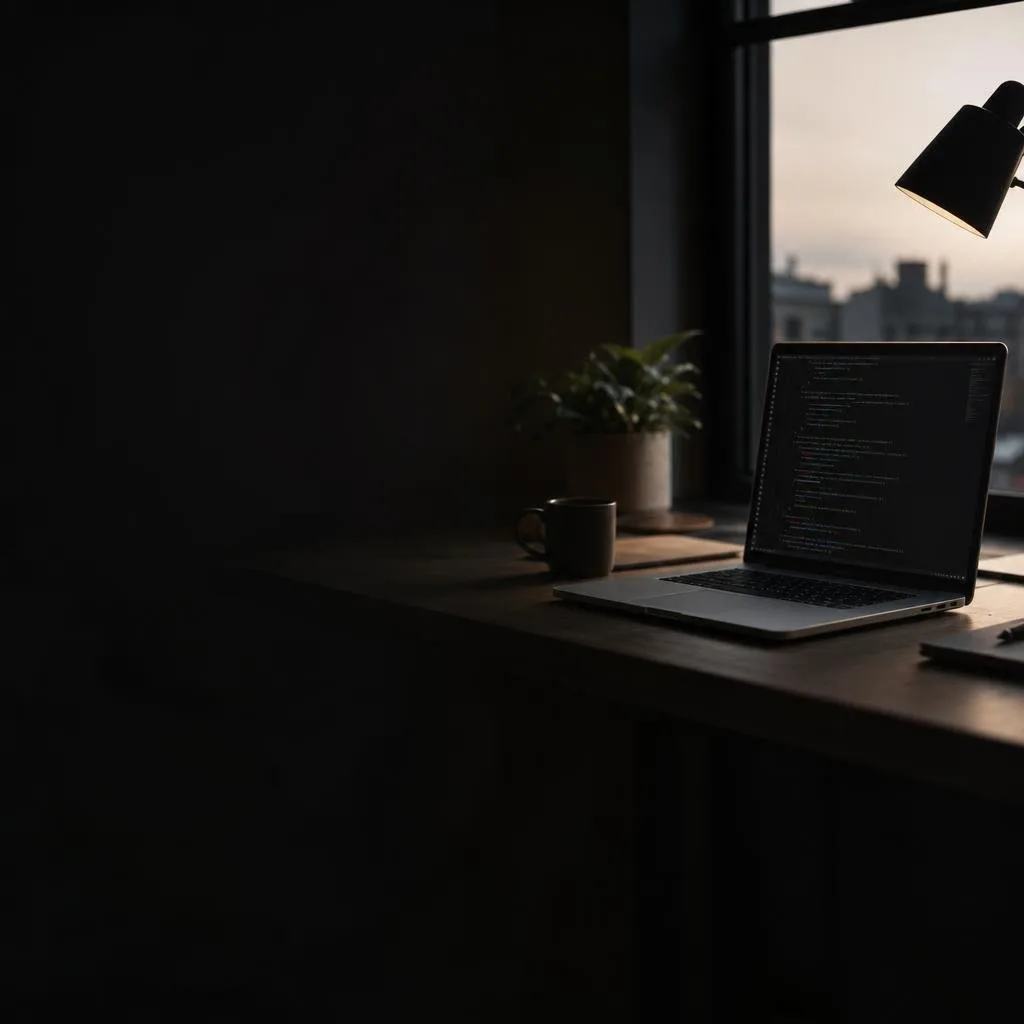 Developer desk with a laptop showing a terminal at night