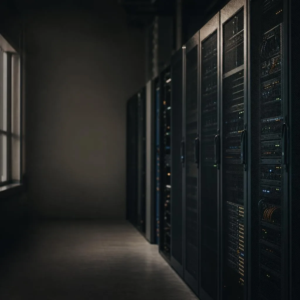 Rows of illuminated server racks in a data center