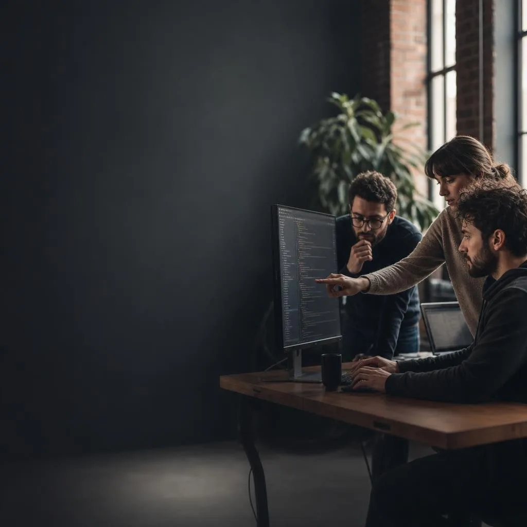 Small engineering team reviewing code together on a large monitor