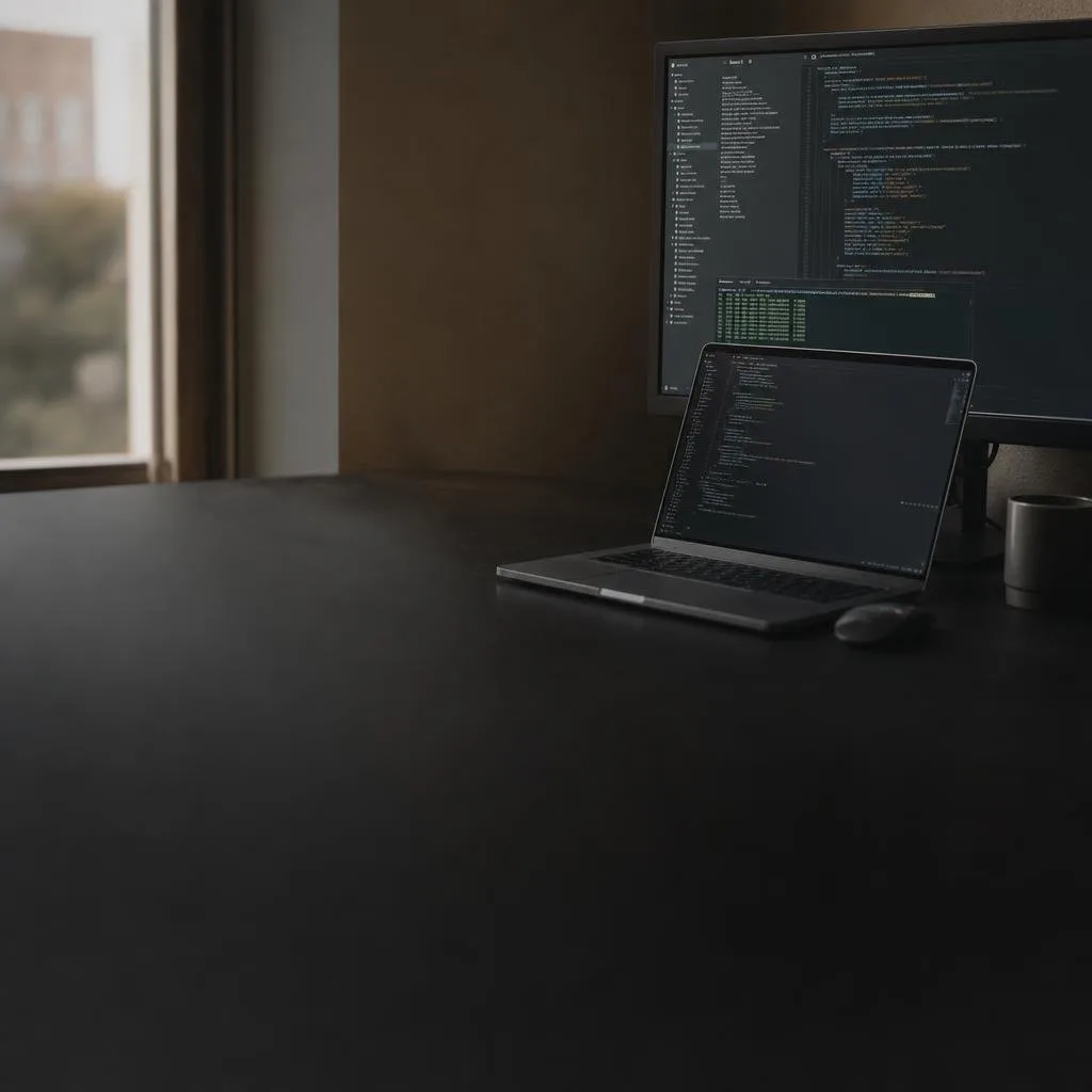 Terminal and editor on a dark desk setup